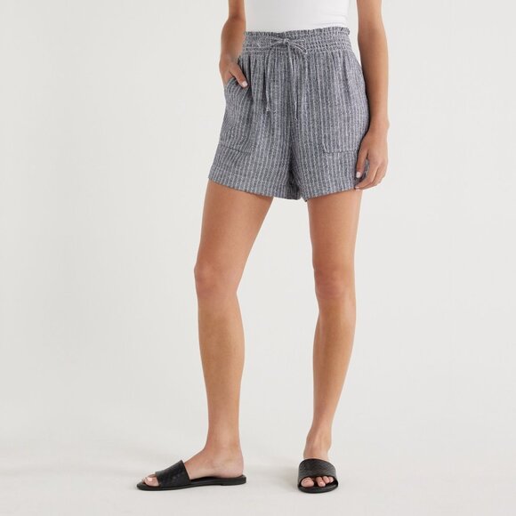 Time and Tru Pants - Time and Tru Linen Blend Shorts with Smocked Waist Navy Stripe #A0326 TRB2